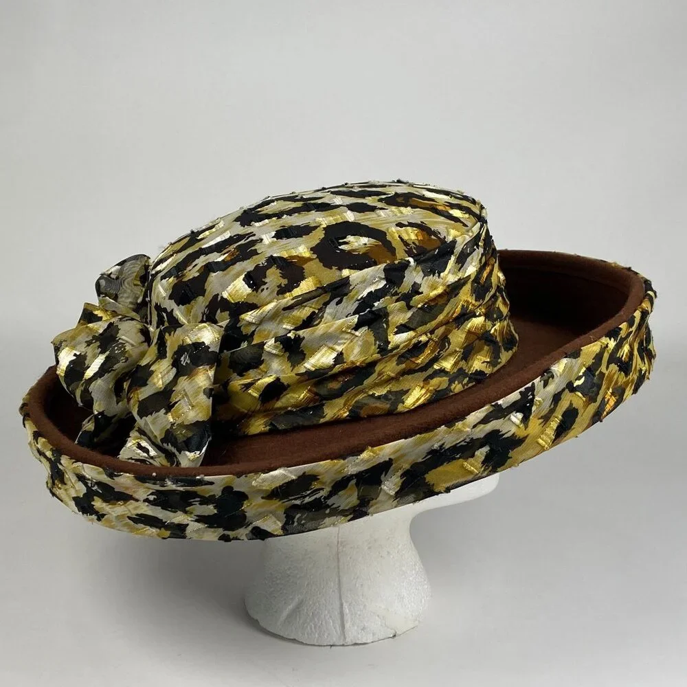 Sonni San Francisco Wool Felt Wide Brim Ladies Hat Leopard Print Ribbon Bow